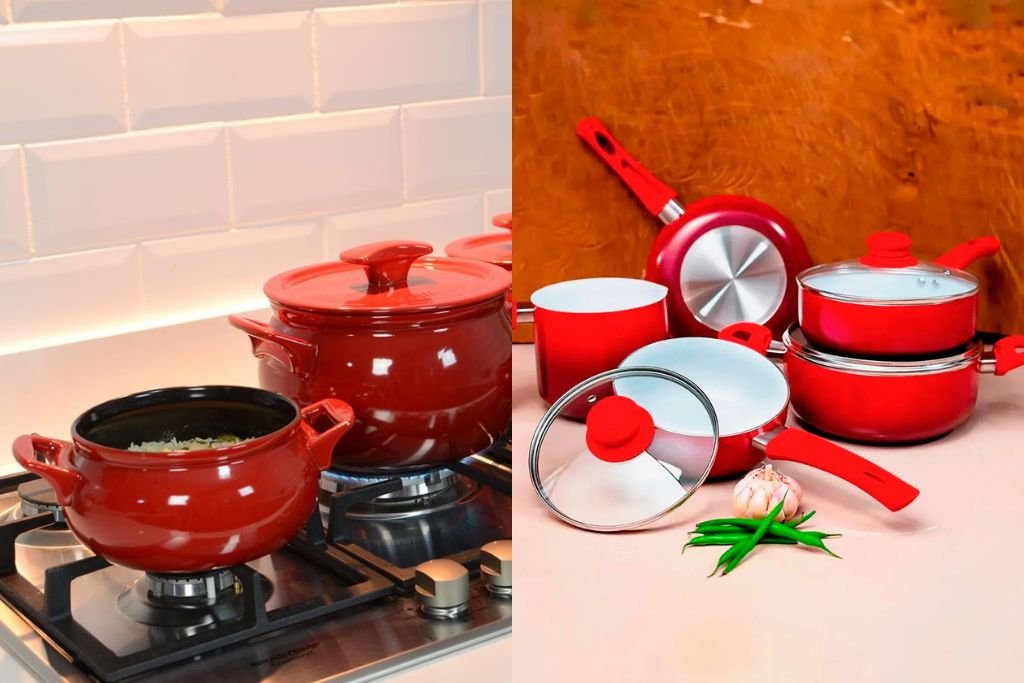 comparativo entre panela de cerâmica pura à esquerda e panela de alumínio com revestimento cerâmico à direita