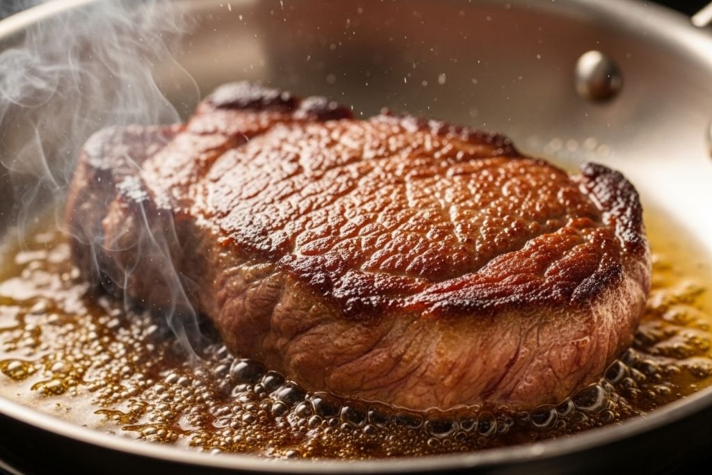 Close-up de um bife selando com uma crosta dourada perfeita em uma frigideira de aço inox, demonstrando a alta performance do material para grelhar carnes.