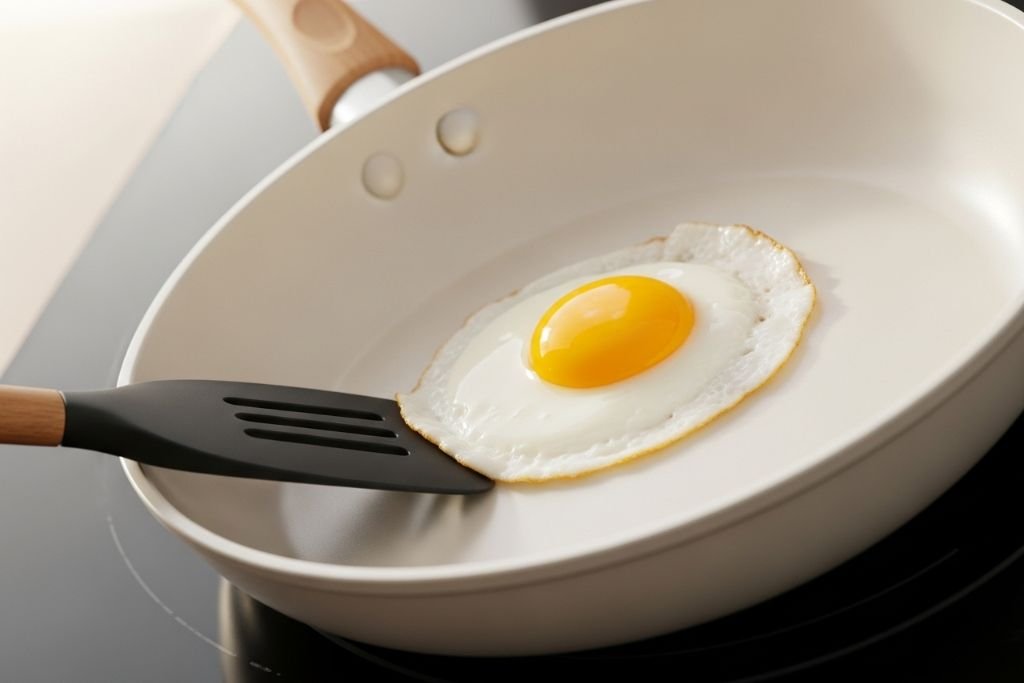 Ovo frito deslizando facilmente em uma frigideira com revestimento cerâmico branco, demonstrando sua incrível capacidade antiaderente sem o uso de óleo.